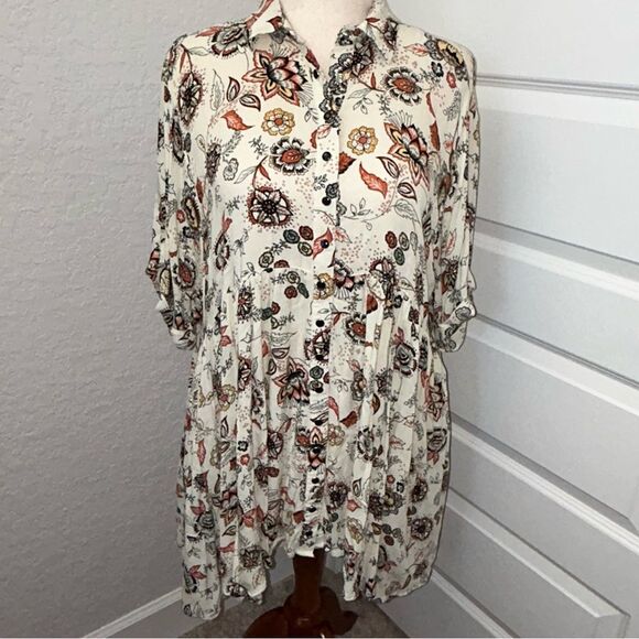 Maggie Sweet Floral Print Ruffle Tier Elbow Length Sleeve Boho Button Down Dress - Picture 1 of 11